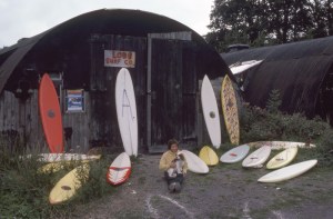 MY SURFBOARD FACTORY AT LOBB FIELD Nth DEVON ENGLAND,THATS BRUCE PALMER AND HIS DOG CLOE 