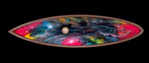 MY NEWEST CREATIONS, AIR BRUSHED SPACE SCENES.SPRAYED UNTO THE DECKS OF RESIN COLORED BOARDS IVE MADE.THESE BOARDS ARE CREATED TO HANG ON YOUR WALL LIKE A PAINTING.THEY HAVE LEASH ATTACHMENT PLUGS PLACED ON THE BOTTOM OF BOARD ,GIVING YOU THE OPTION TO HANG HORRIZONTAL OR VERTICAL...THIS IS A 5' 11" BROWN RAIL  ROUND TAIL